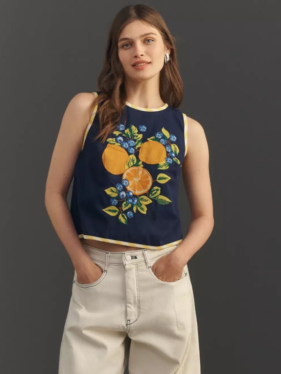 Maeve Tops - NWT $118 size M #Anthropologie Navy Citrus & Blue Floral Embroidered shell tank